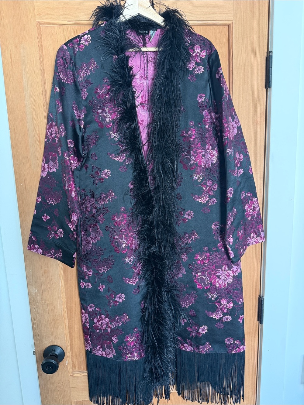 Women's Black and Magenta Floral Satin Robe with Feather Trim